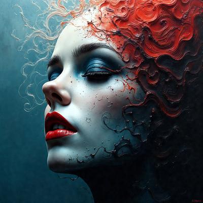 The primary subject of the image is a woman with red hair, painted in a blue and red color scheme. She is wearing makeup and has a blue eye shadow. The setting is a dark blue background, which contrasts with the vibrant colors of the woman's hair and makeup. The visual style is a painting, which showcases the artist's skill in capturing the woman's features and the vivid colors. The overall atmosphere of the image is dramatic and captivating, with the woman's striking appearance and the bold use of colors.